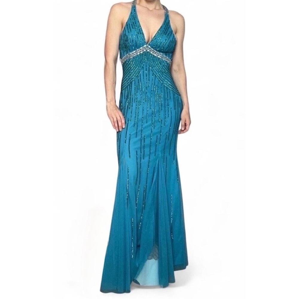 Vintage Y2K Sean Collection Formal Mermaid Dress Teal Blue Sequin Women’s Size S
